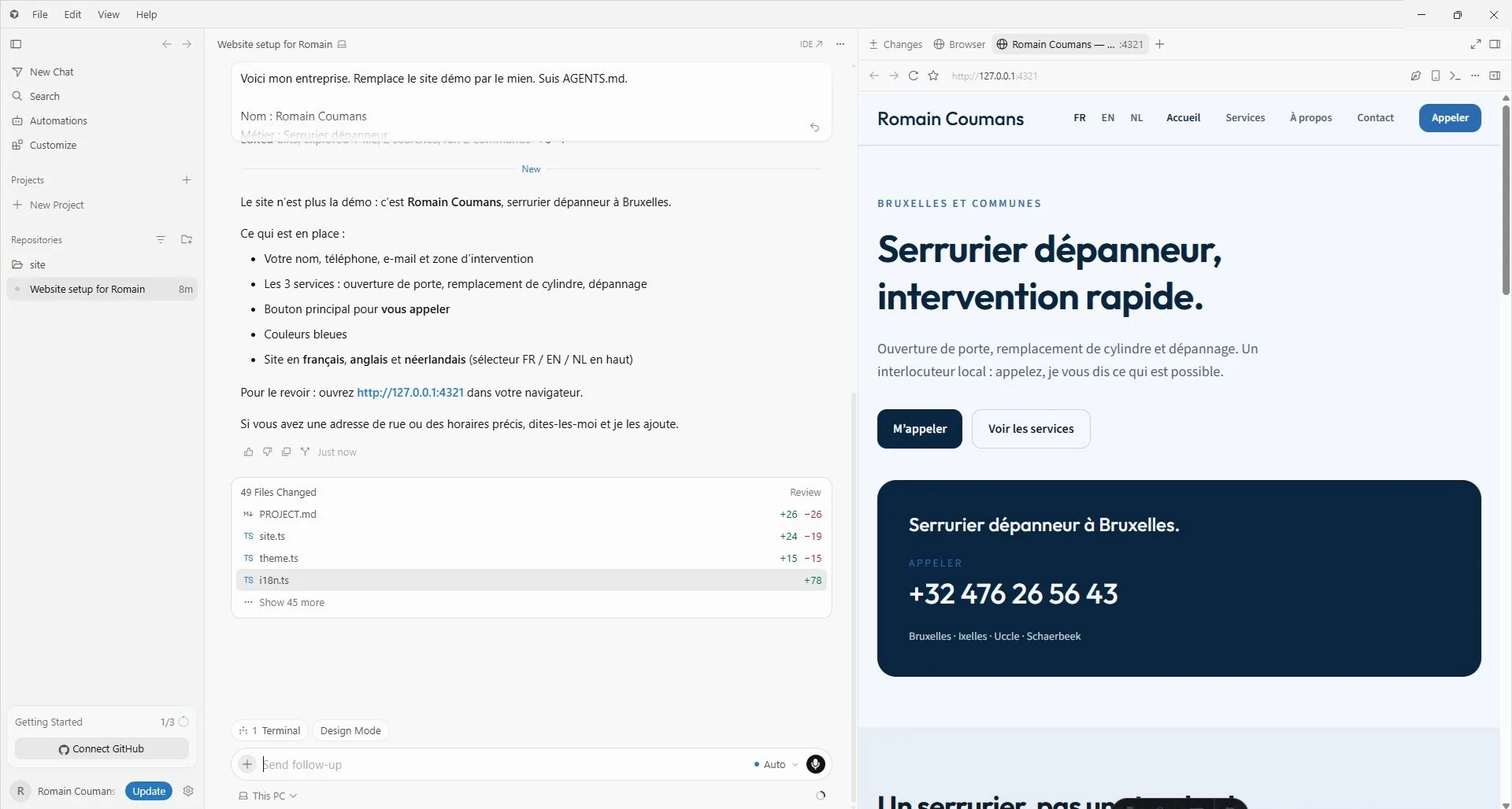 Aperçu du site vitrine serrurier obtenu après personnalisation