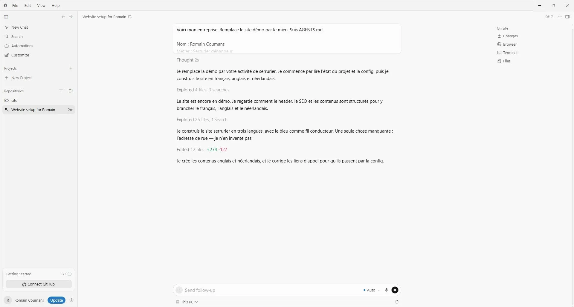 Assistant IA qui explore le projet et modifie les fichiers du site
