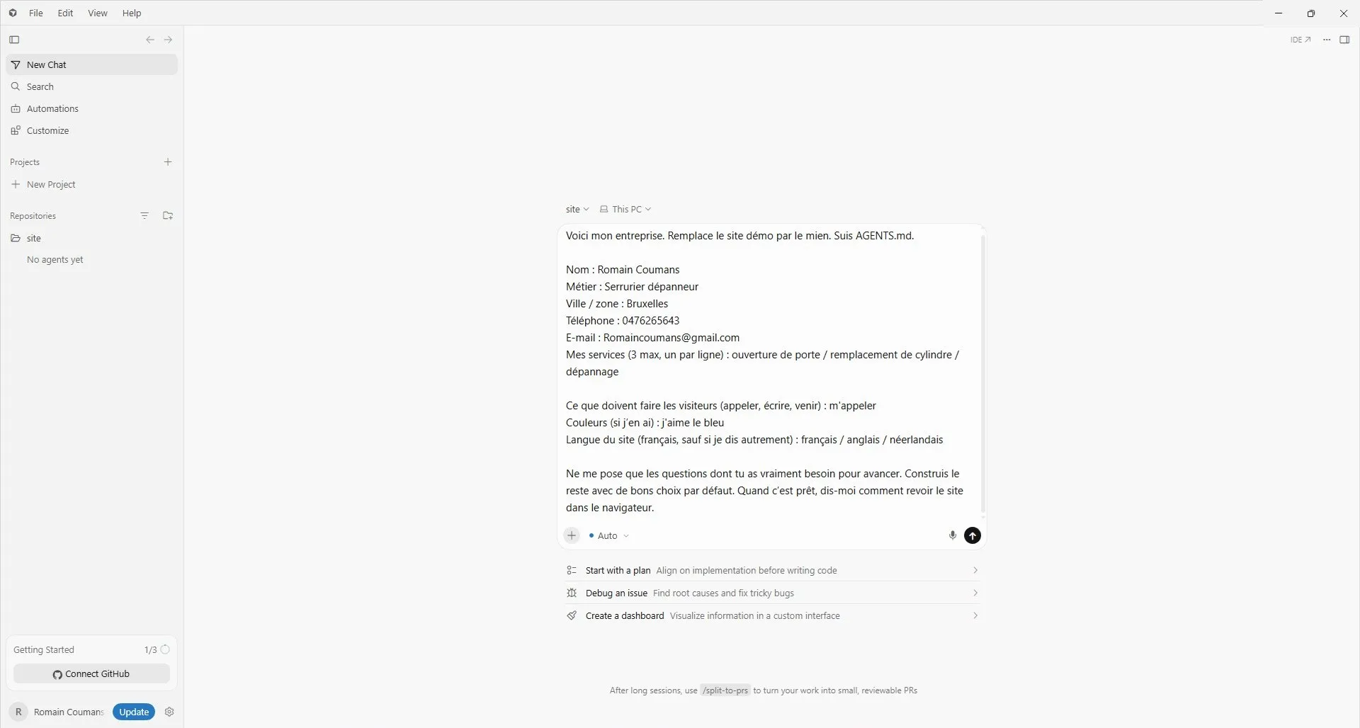 Message décrivant une activité de serrurier, avec la consigne de suivre AGENTS.md